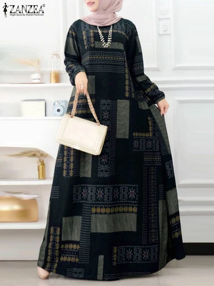2025 ZANZEA Muslim Abaya Spring Women Vintage Long Sleeve Baggy Dresses Kaftan IsIamic Robe Bohemain Printed Maxi Long Sundress