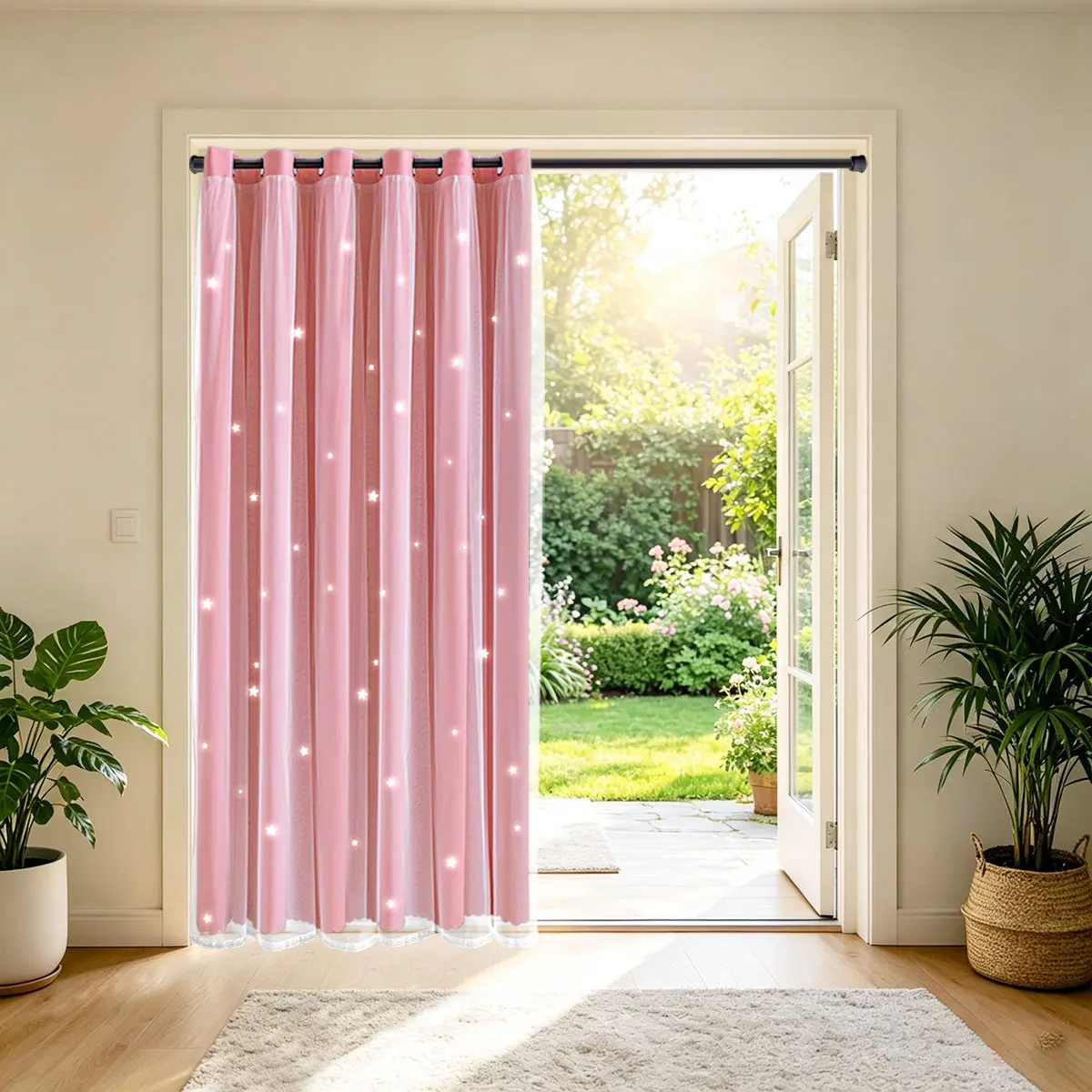 Pink Double Layer Hollow Out Grommet Curtain 1 Panel, Star Cutout Lace Sheer, Scalloped Lace Edge Window Drape for Room