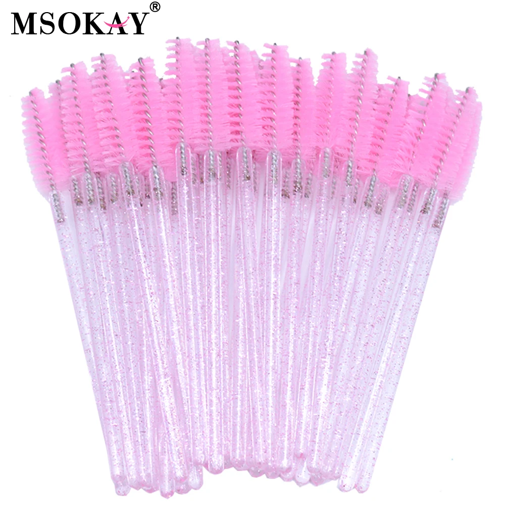 MSOKAY 50pcs Colorful Shining Eyelash Extension Mascara Wand Pink White Glitter Eye Lash Brushes Curl Lash Spoolies  Makeup Tool