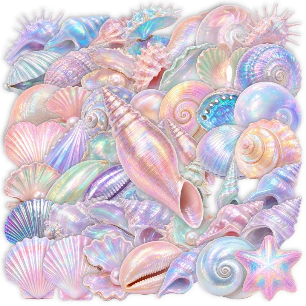 Rainbow Shimmer Shell Themed Sticker Pack 50PCS Iridescent Holographic Effect Versatile Decor Accessories Giajar Sticker Store