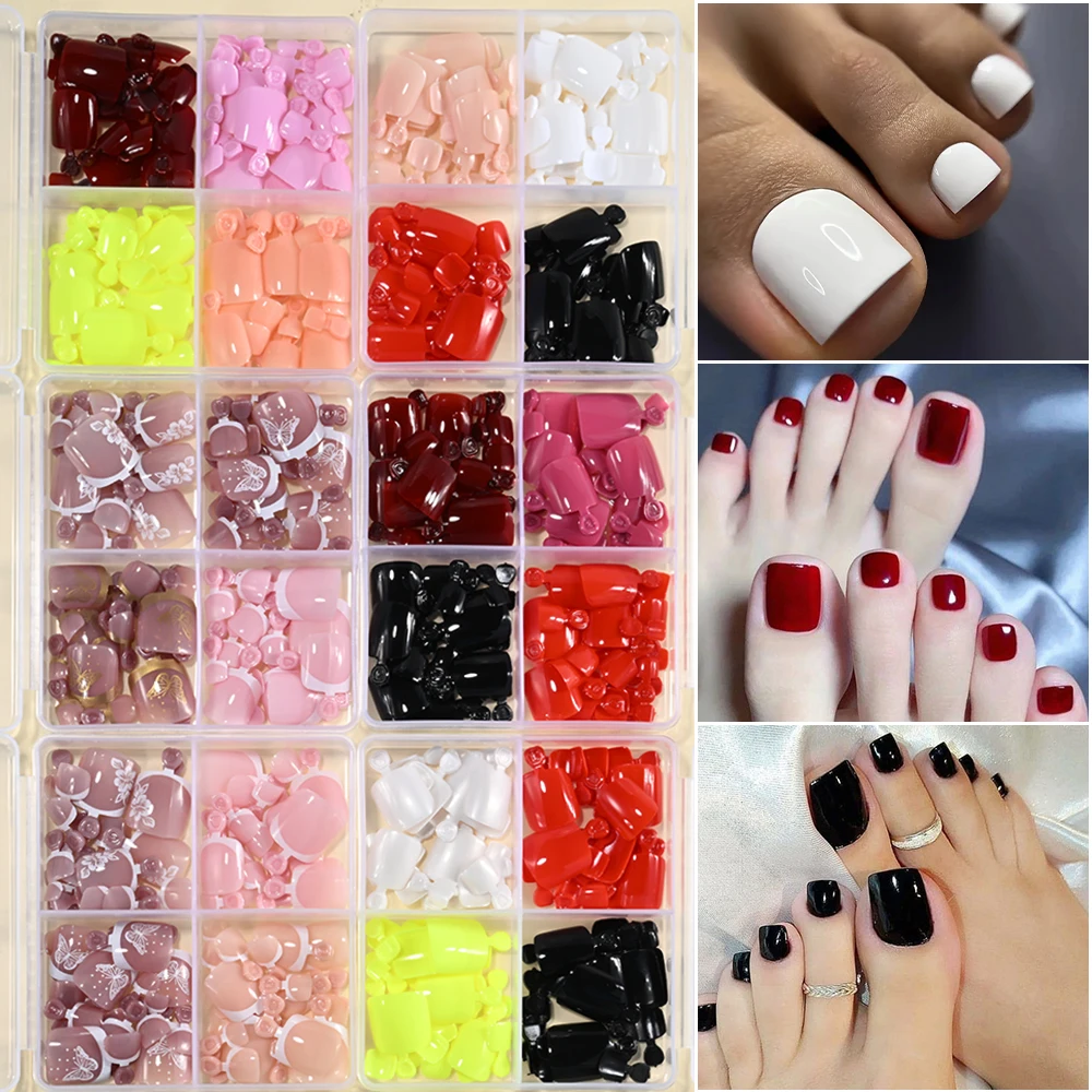 

96 шт./кор., однотонные черные/белые/розовые глянцевые летние накладные ногти на ногах, короткие квадратные французские накладные ногти с полным покрытием, накладные ногти на ногах @