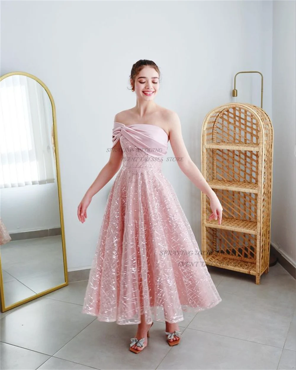 SPRAYING Luxury Prom Gown Off the Shoulder Ankle-Length Vestidos Para Eventos Especiales Lace-up A-line Evening Party Dresses