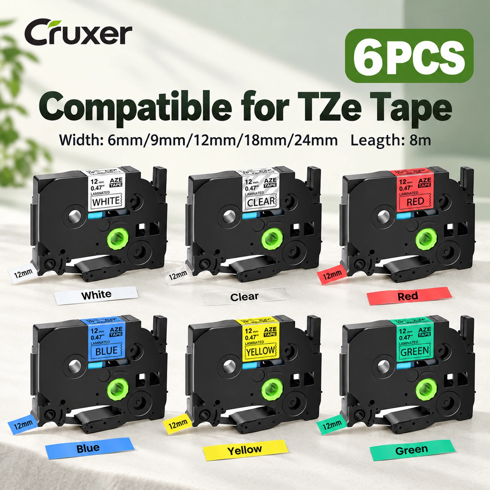 6PK Compatible for Brother 9/12/18/24mm Laminated Label Tapes Combo Set for TZe-131 231 431 531 631 731 for P-Touch Label Makers