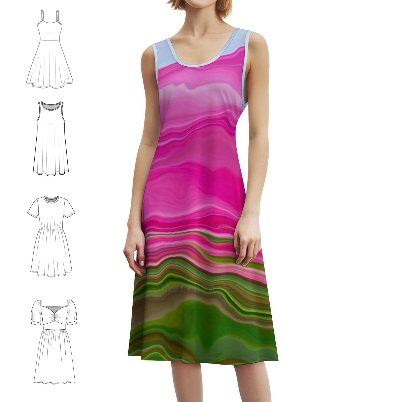 

Абстрактный жидкий узор розового и зеленого цвета, повседневное платье в корейском стиле для женщин, простые повседневные офисные женские платья, розовый, зеленый