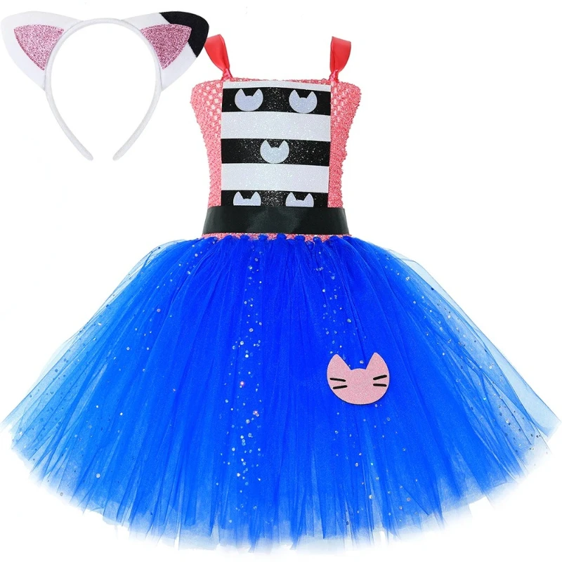 Sparkly Cat Costumes for Girls Halloween Carnival Fancy Tutu Dress with Ears Hairbow Kids Cartoon Animal Disguise Outfit
