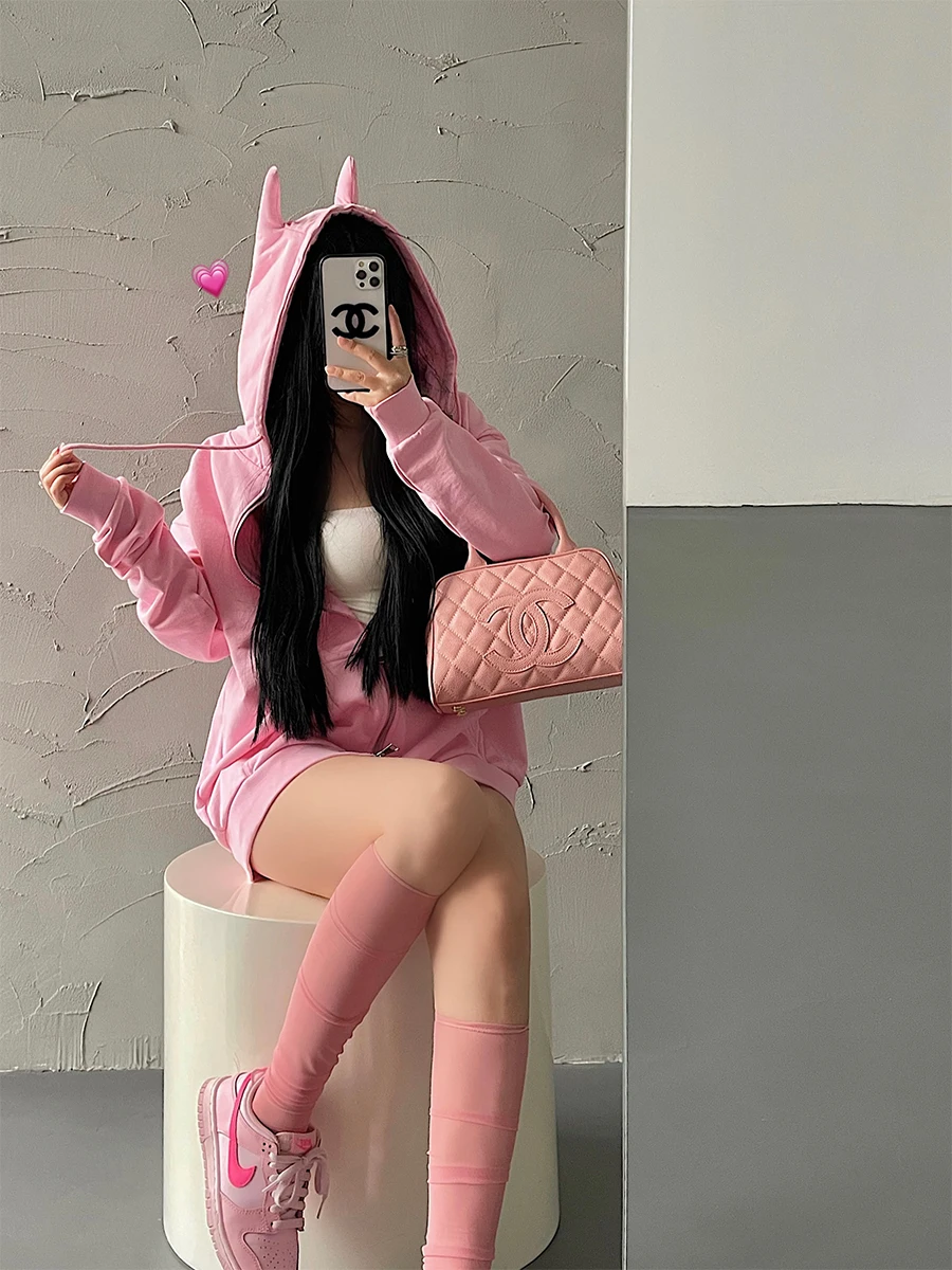 Jaqueta esportiva foada com zíper duplo e design de orelhas de do, casual e confortável, de aodão, para mulheres.