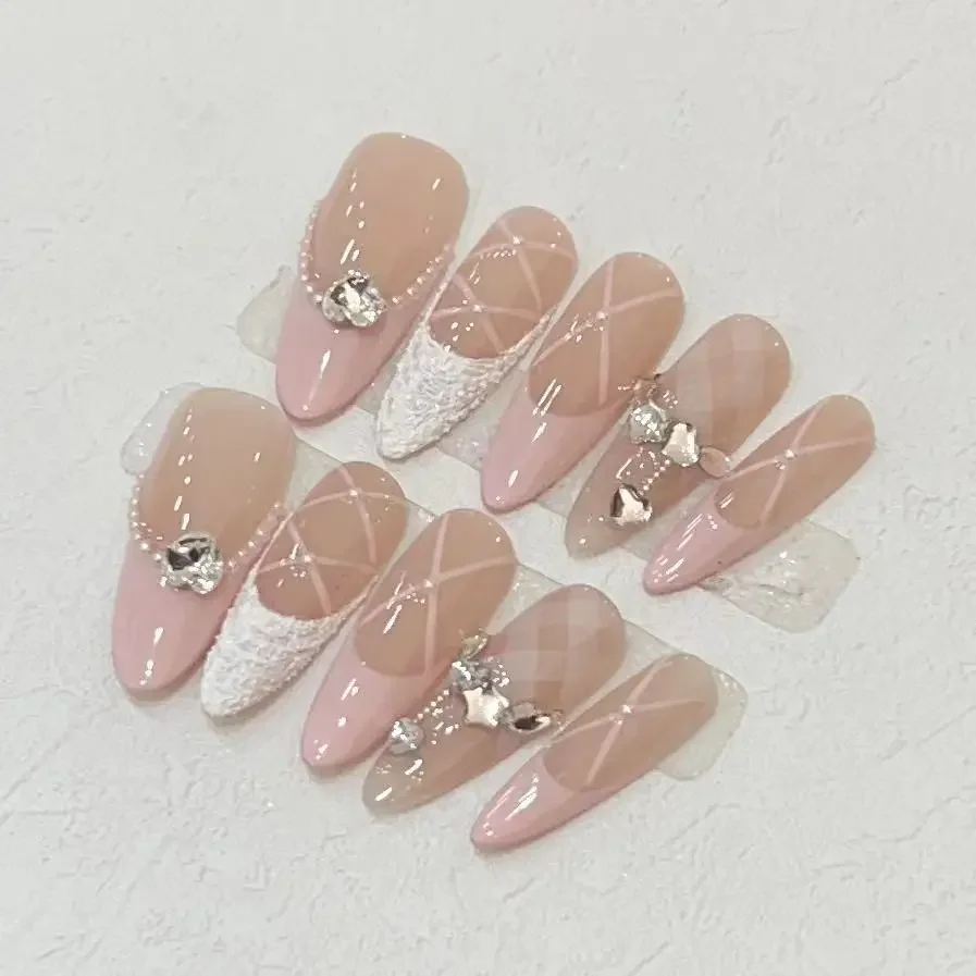 Faux ongles en plâtre français 10 pièces diamants d'amour à pression faits à la main tempérament princesse rose patchs amovibles