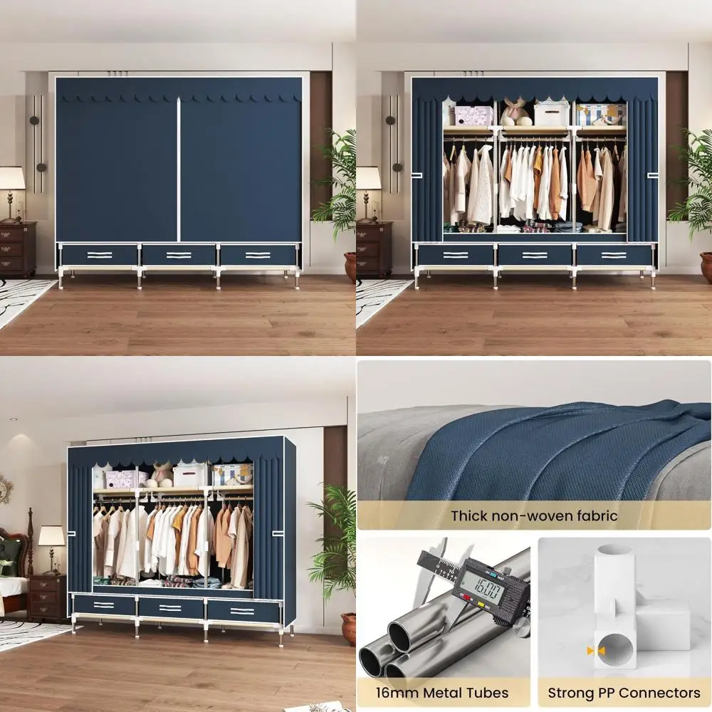 

Прочный портативный шкаф-гардероб с легкой сборкой, усиленной вешалкой для одежды и нетканым чехлом для хранения и организации вещей в спальне