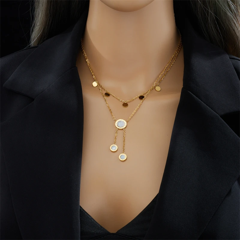 DIEYURO 316L Stainless Steel Round Roman Numeral Dial Long Pendant Necklace For Women Fashion Girls Clavicle Chain Jewelry Gifts