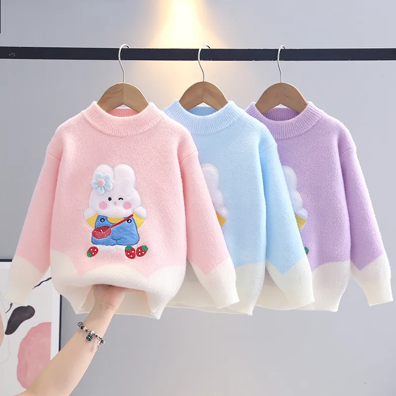 

Girls Sweater Cozy Autumn Winter New Fashionable Versatile Children's Knitted Sweaters Princess Sweet Cartoon Rabbit Top IY07212