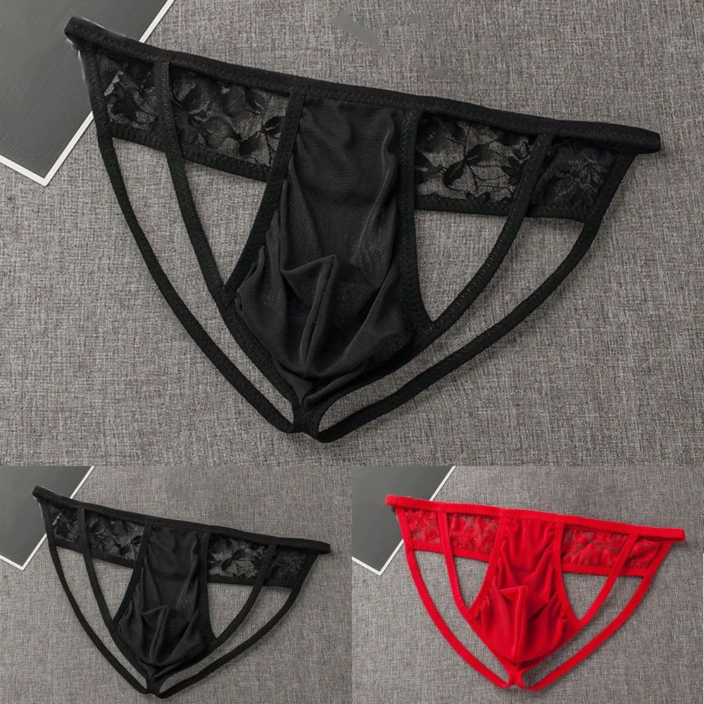 Sexy Men's Lace Mesh Sheer Low Rise Thongs Jockstrap Open Crotch G-String Underwear Pump Man Underpants Panties Thong