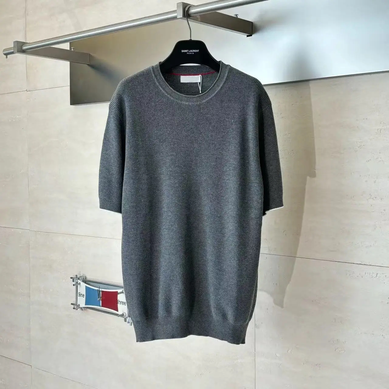 Italy summer new vertical pit strip crew neck knitted sweater old money style casual breathable short-sleeved T-shirt