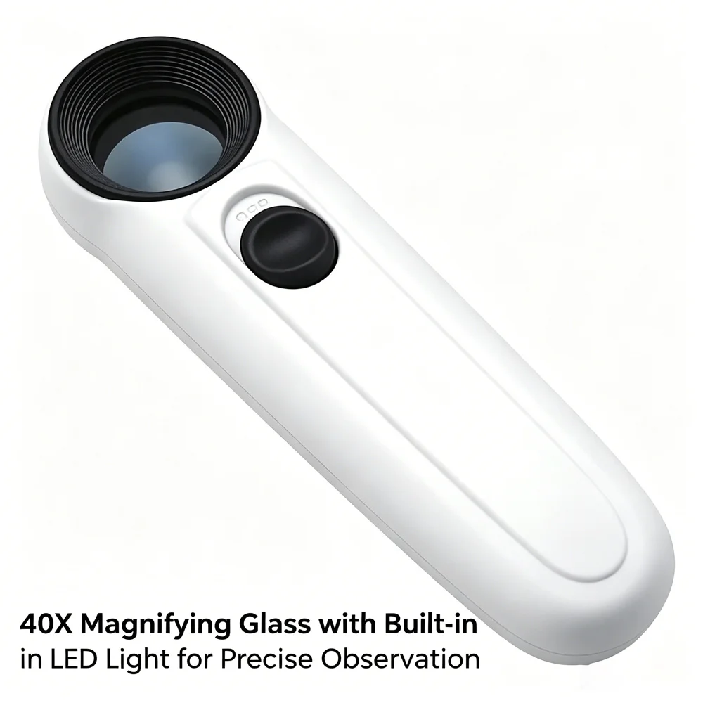 LED Light 40X Pocket Magnifier Handheld Glass For Jewelry Grading Electronic Repair Coin Stamp Collecting Kit