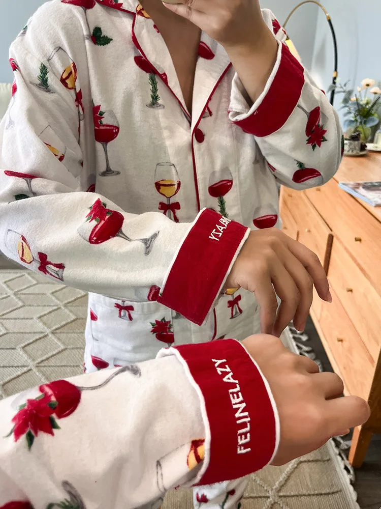 Damen Niedlicher Cartoon-Druck 100% Baumwolle Gebürstetes Pyjama-Set Frühling Herbst Langarm-Oberteil Lange Hose 2-teilig Loungewear Homewear – Detail 20