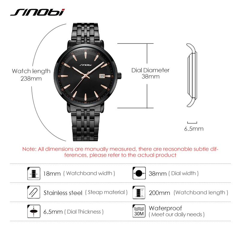 SINOBI Brand Business Men\'s Quartz Watches 38mm Dial Plate Stainless Steel Strap Calendar Date High Quality Men Wristwatch