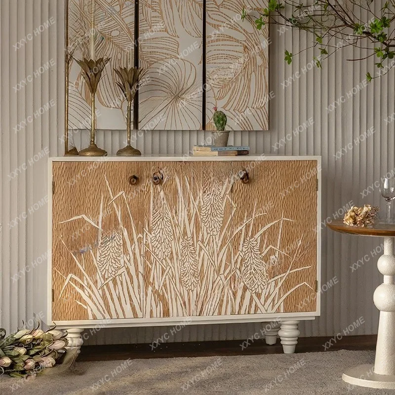 XXWabi Sand wind solid wood carving flower meal side cabinet plant stamen pattern side cabinet entry entrance aisle cabinet