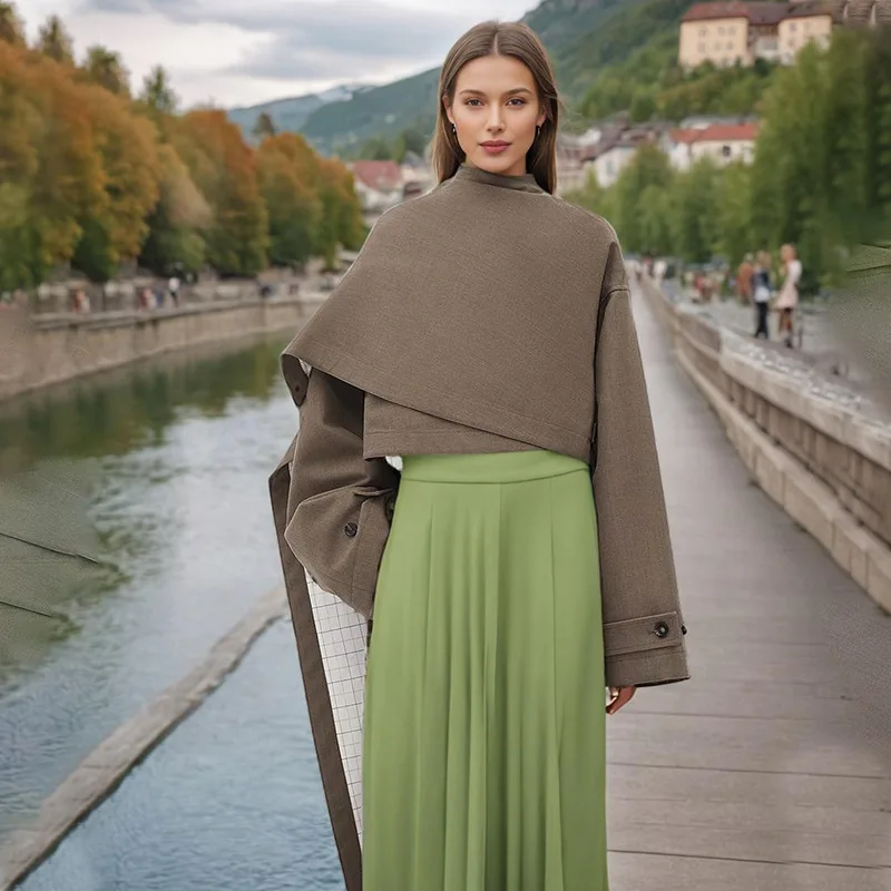 Irregular Asymmetric Cape Jacket Draped Mock Neck Striped Lining Cuff Button Long Sleeve Loose Women Layering Outerwear 202606H