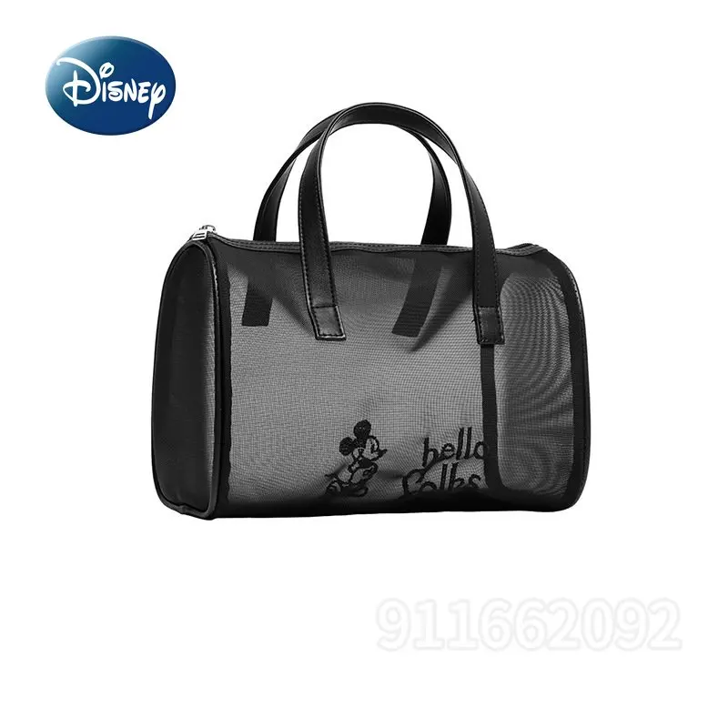 Disney Mickey Original New Makeup Bag Cartoon Mesh Translucent Handheld Makeup Bag Large Capacity Travel Cosmetics Storage Bag