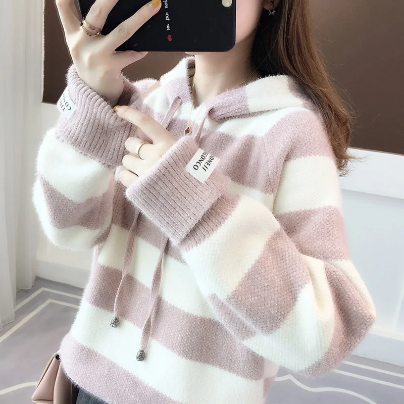 الفتيات فضفاضة محبوك هوديي ثي الملابس الشتوية لطلاب المدارس الثانوية الحلو Sle شريط نمط طويل Sve سترة #1