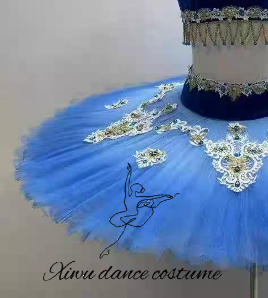 Costume de scène de ballet, jupe en tulle superposée, détails décoratifs sur les épaules