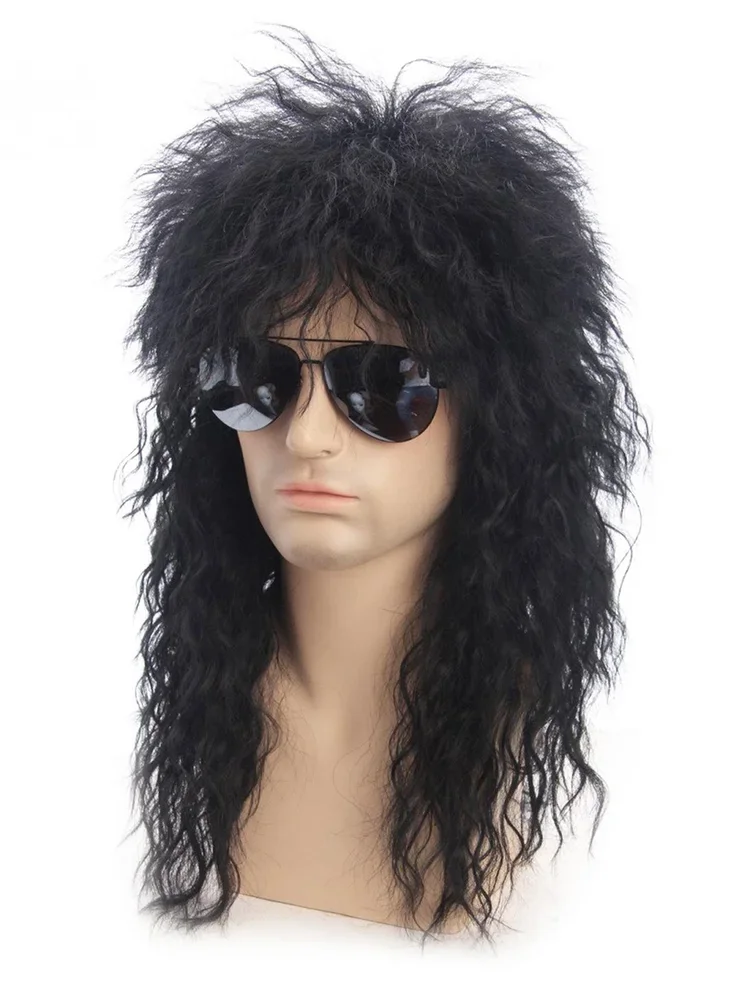 80s Blonde Punk Rockstar Wig for Men Fluffy Curvy Long Mullet Cosplay Accessory for Halloween Party Synthetic