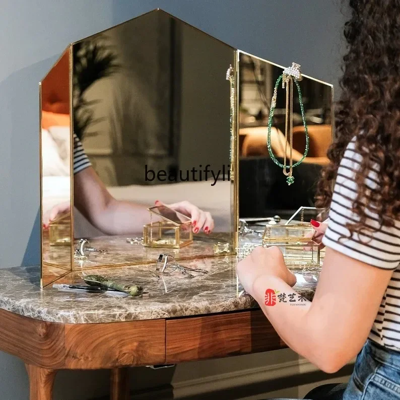 

French retro three-fold desktop vanity mirror, bedroom wall-mounted vanity, light luxury bathroom mirror