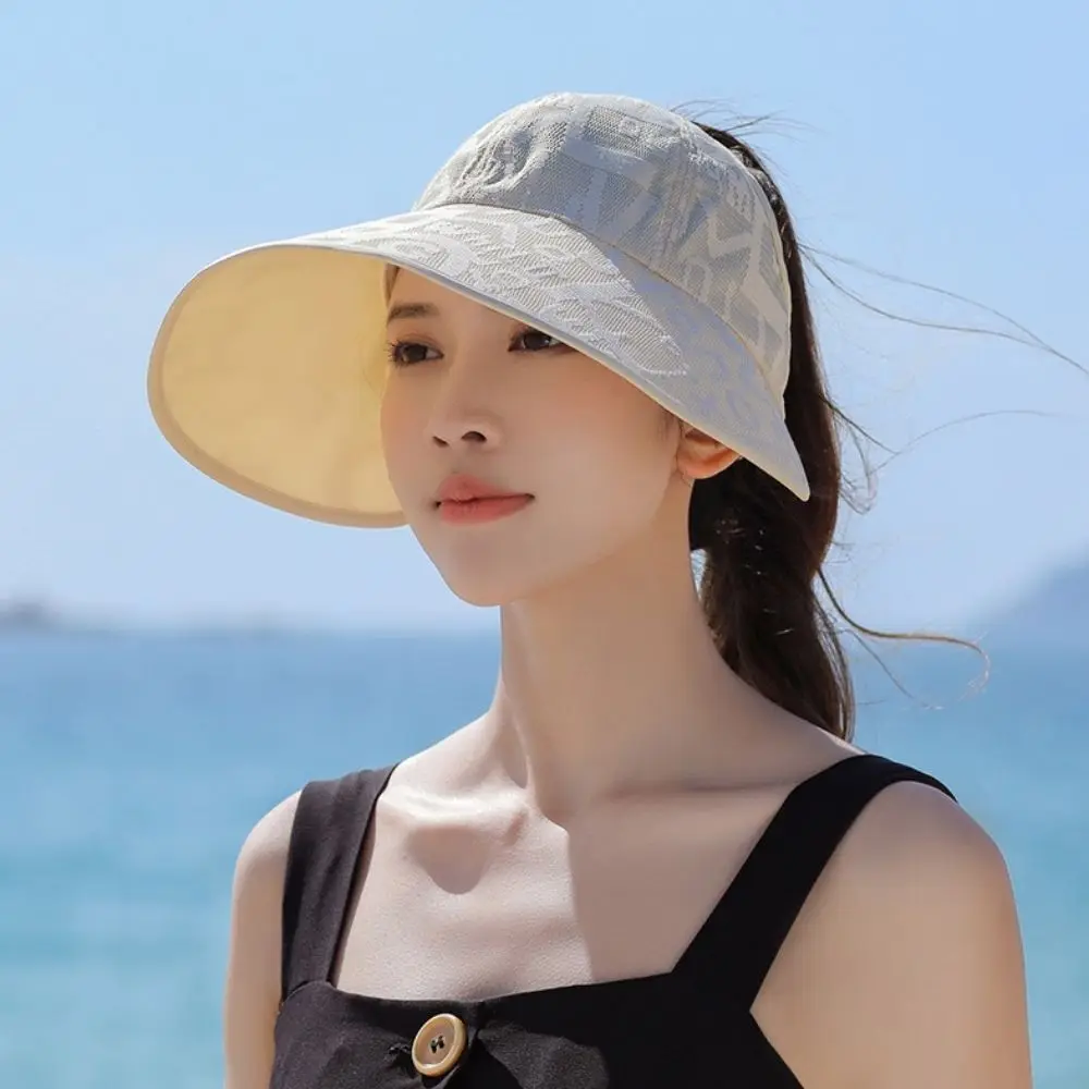 Stylish Letter Large Brim Sun Hat UV Protection Stripes UV Protection Hat Removable Breathable Sunscreen Bucket Cap Men