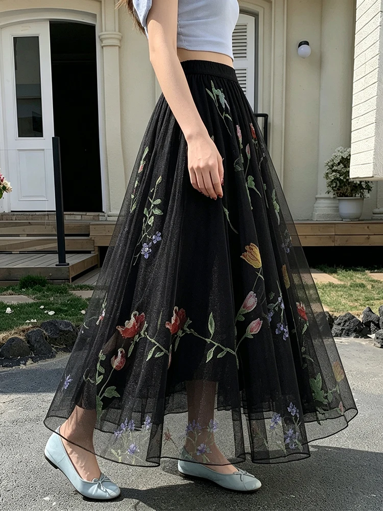 

Summer 2026 Women's Retro-Chic Hand-Painted Floral Tulle Long Skirt Chinese Style High Waist Versatile Wide-Skirted