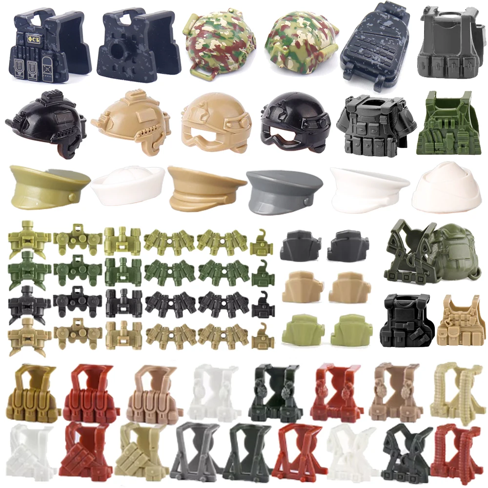 MOC Military Figure Accessories Building Blocks Alpha SWAT Helmet Vest Backpack Knee Pads Night Vision Equipment Bricks Toy K017