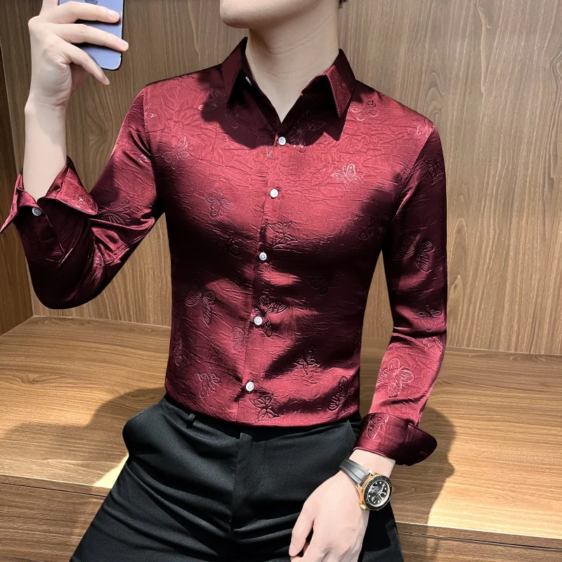 

Осенняя жаккардовая рубашка с длинными рукавами и бабочкой, мужские повседневные деловые классические рубашки, облегающая уличная одежда, мужская одежда для социальных вечеринок 2025