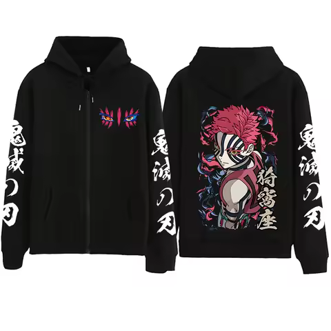 New Anime Demon Slayer Infinity Castle Akaza Printed Zipper Hoodie Harajuku Manga Oversized Pullover Hoodies Y2k Zip Up Hoodie