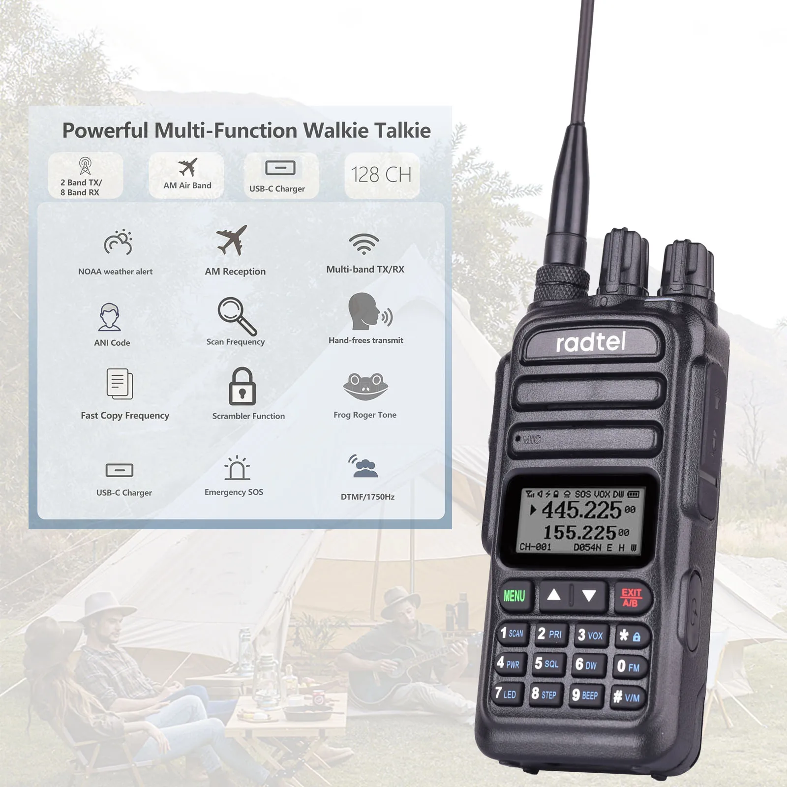 Radtel RT-830 NOAA Weather Channel 6 Bands Amateur Ham Two Way Radio 128CH  Walkie Talkie Air Band Color Police Scanner  Marine