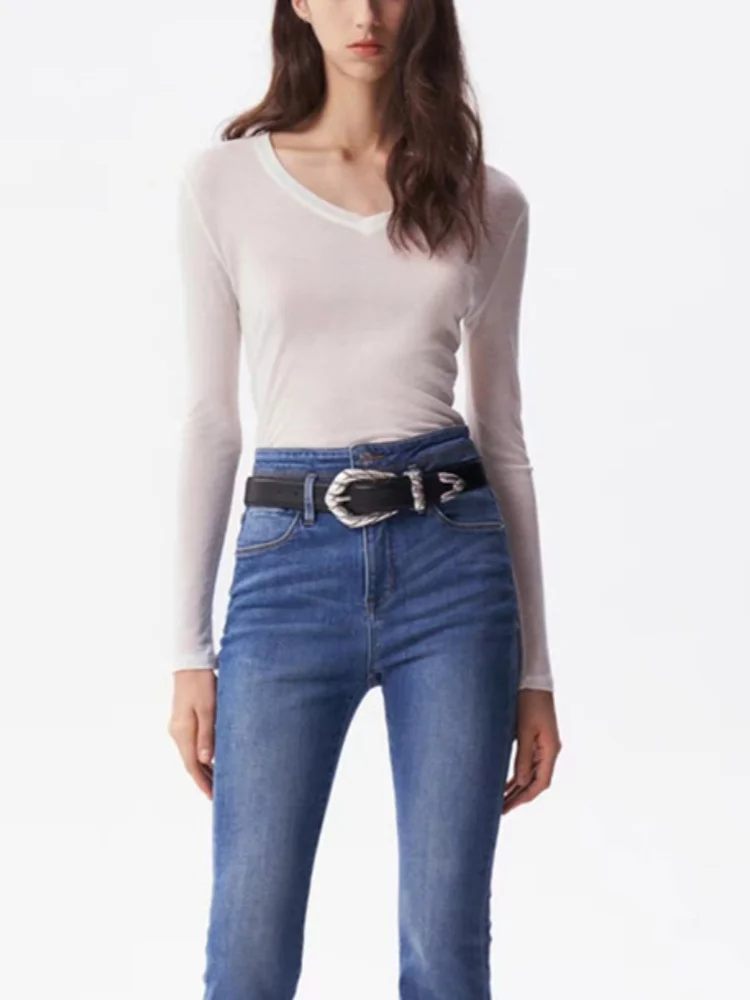 

Female Solid Color Simple Bottoming Pullover Tee Tops Women V-neck Long Sleeve T-Shirt for Early Autumn