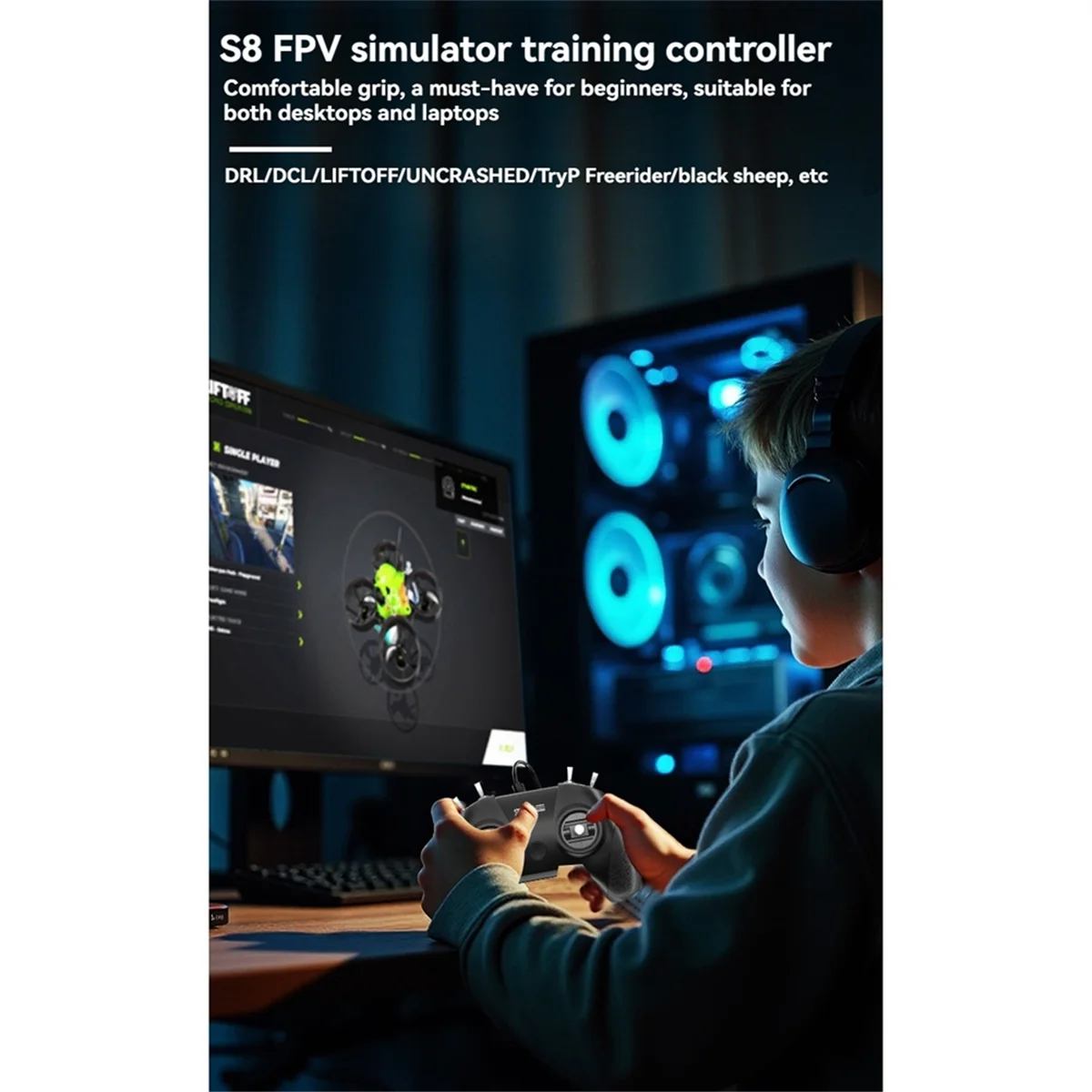 AT341- S8 FPV Drone Training Simulator مقبض التحكم عن بعد 8CH لـ DRL Liftoff للتدريب على الطائرة بدون طيار B
