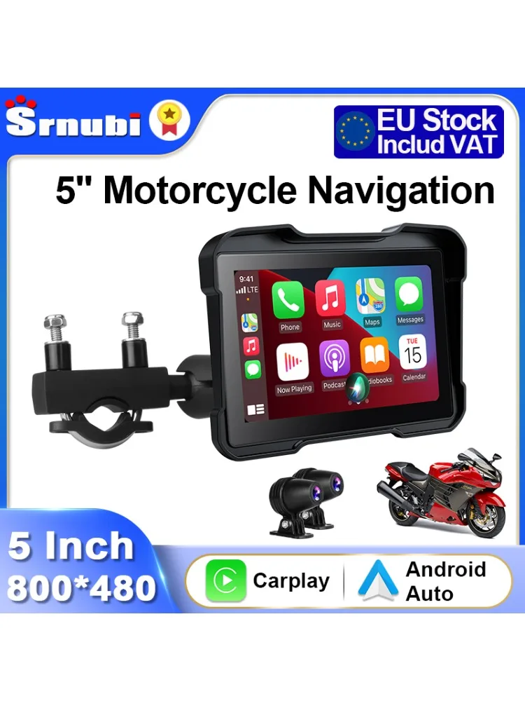 Srnubi 5-calowy monitor motocyklowy z CarPlay, rejestratorem jazdy, nawigacją, bezprzewodowym CarPlay i Android Auto, przenośny, IPX7, wyświetlacz Airplay — 2