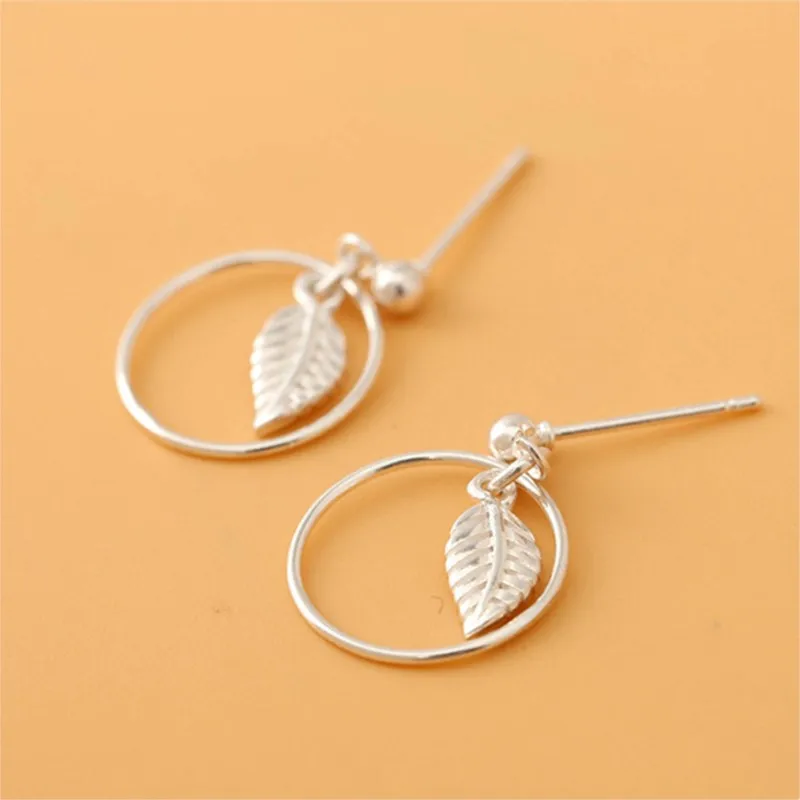 New Fashion Simple Circle Feather 925 Sterling Silver Temperament Smooth Surface bead Leaf Earrings  E263