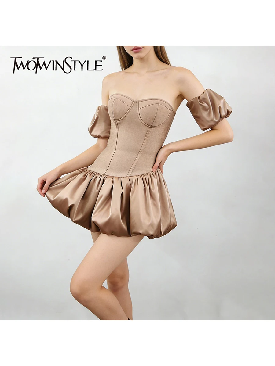 

TWOTWINSTYLE Slimming Spliced Ruched Fashion Dresses for Women Strapless Short Sleeves Runic Sexy Mini Dress Female Clothing New