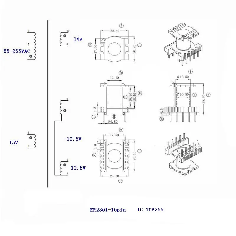 ER2828 85--265VAC to 12.5V/15V/24V TOP266 SMPS HF Trans Transformer Coil