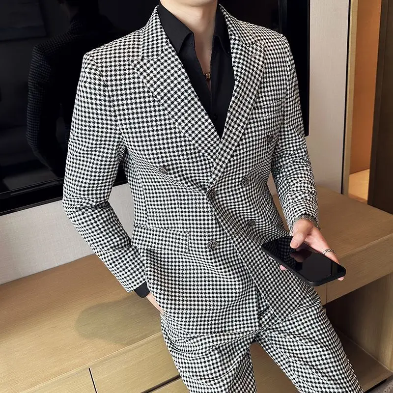 Pakaian setelan kasual pria, 3-G15 Houndstooth jaket kasual double-breasted untuk pria Inggris bisnis ramping gaya Korea setelan trendi