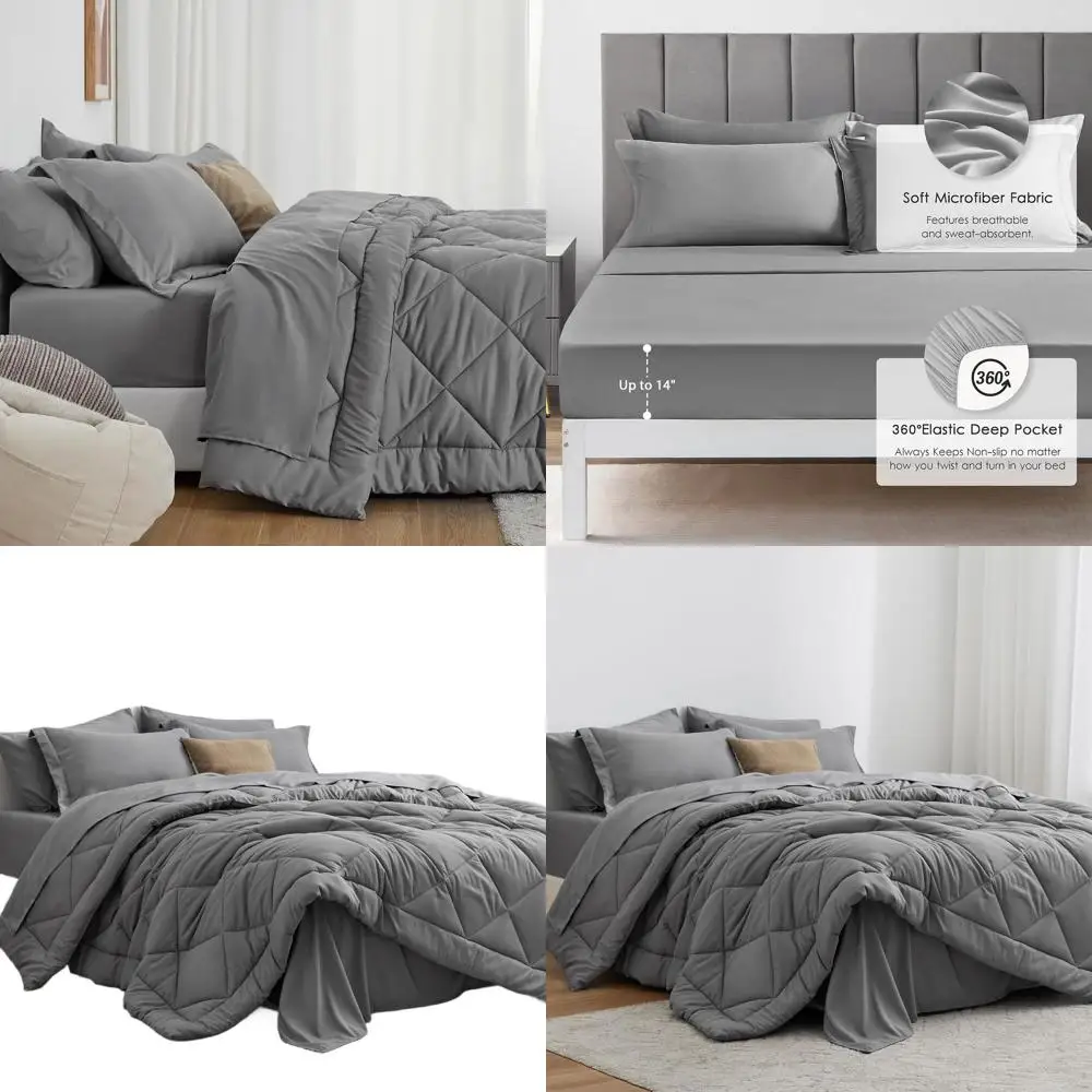 

7-Piece Grey California King Comforter Set: All-Season Bedding with 1 Quilt, 1 Flat Sheet, 1 Fitted Sheet, 2 Pillowcases, and 2