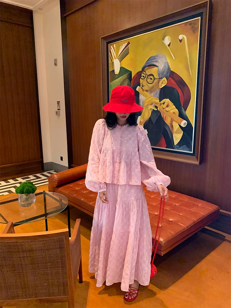 

Женский розовый комплект из двух предметов и юбки Spring Faion, одежда больших размеров, длинный све, круглый Ne