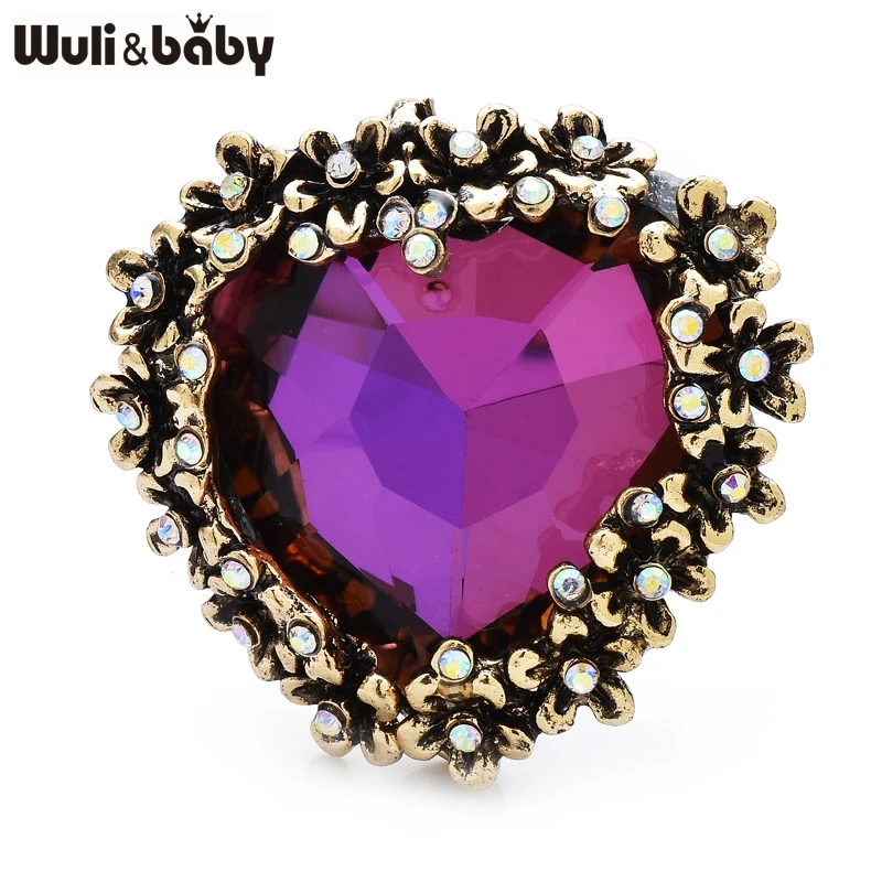 Wuli&baby Vintage Crystal Heart Brooches For Women Unisex 2-color Flowers Love Party Office Brooch Pins Gifts