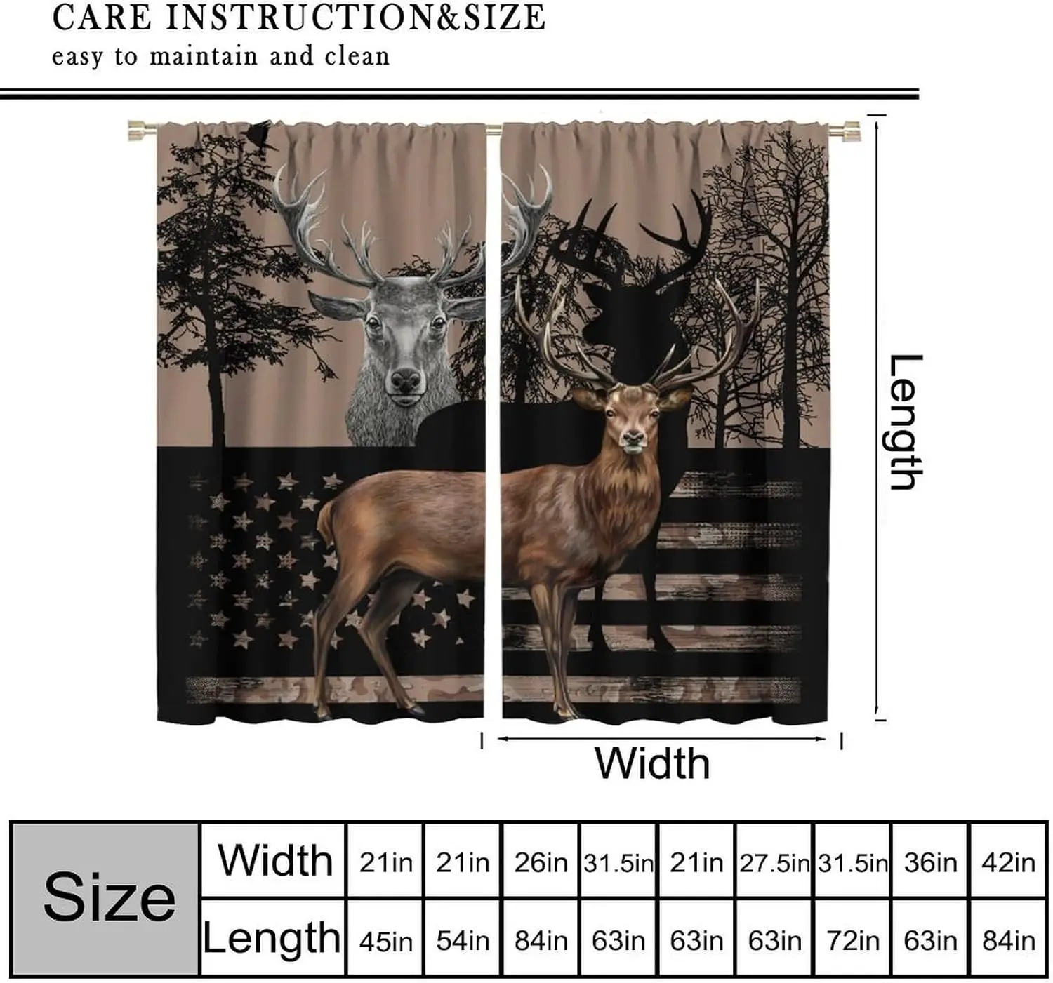 Rustic Deer Flag Curtain 2 Panels, Stag Silhouette Tree Camo Star Stripe Brown Tone Print, Drapes for Bedroom Cabin Curtain