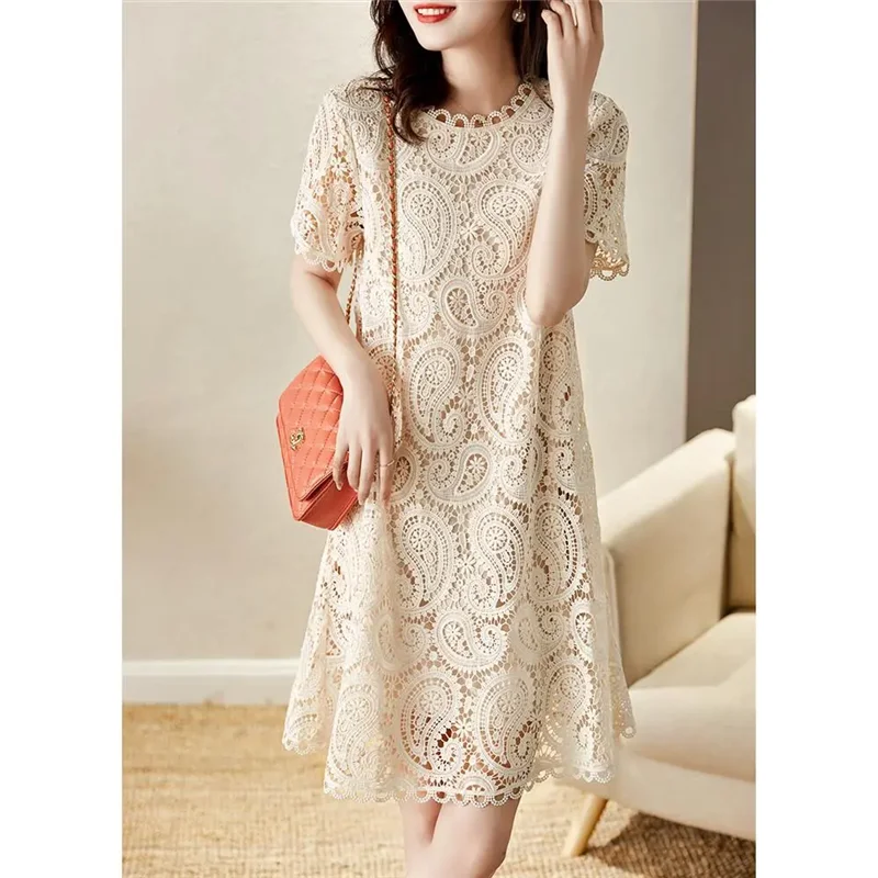 Summer Lace Dress Women 2024 New Fashion Loose Casual French Dresss Round Collar Hollow Out Pure Colour A Word Skirt Female