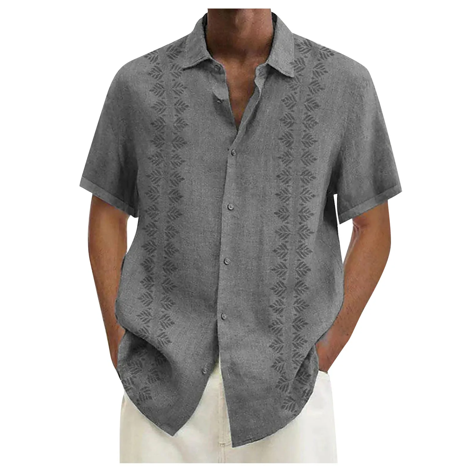 Cotton Linen Men Short-Sleeve Shirts Summer Solid Color Stand-Up Collar Casual Beach Style Plus Size Men Shirts M-5xl Hot Sale