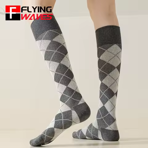 Retro British Style Girls Long Socks Autumn Winter Warm Cotton Knite Diamond Grid JK Slouch Socks Ladys Knee-high Socks