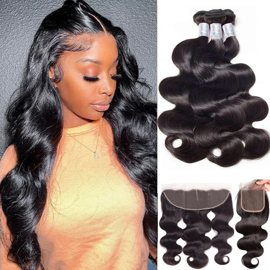 

Indian Body Wave Human Hair Bundles With HD Transparent Lace Frontal Closure 30 Inch Brazilian Hair Weave Bundle With Closure