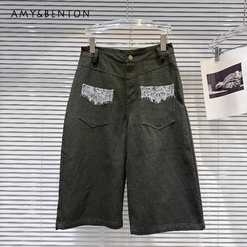 

Vintage Design Lace Splicing Embroidered Pocket Women's Straight-leg Pants Summer New Sweet Cool Fashion Versatile Capris Ladies