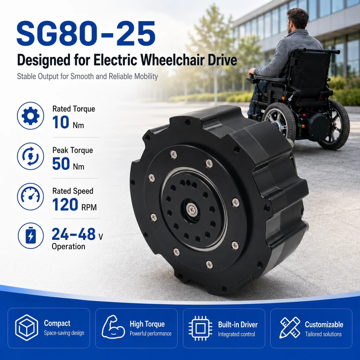 Wheelchair Mobility Drive Motor 500W 24V 48V 120RPM High Torque Cycloidal Drive Module With Built-in Driver Custom OEM Factory
