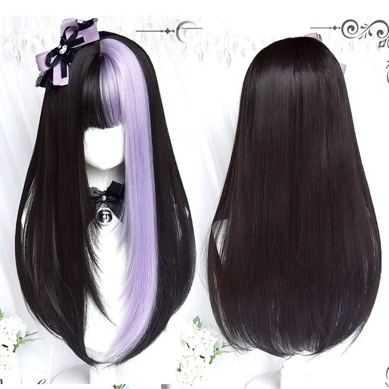 AS Long Black Mixed Synthetic Cosplay Lolita Harajuku Wig With Bangs Natural Wavy Halloween Red Daily Wigs MN1